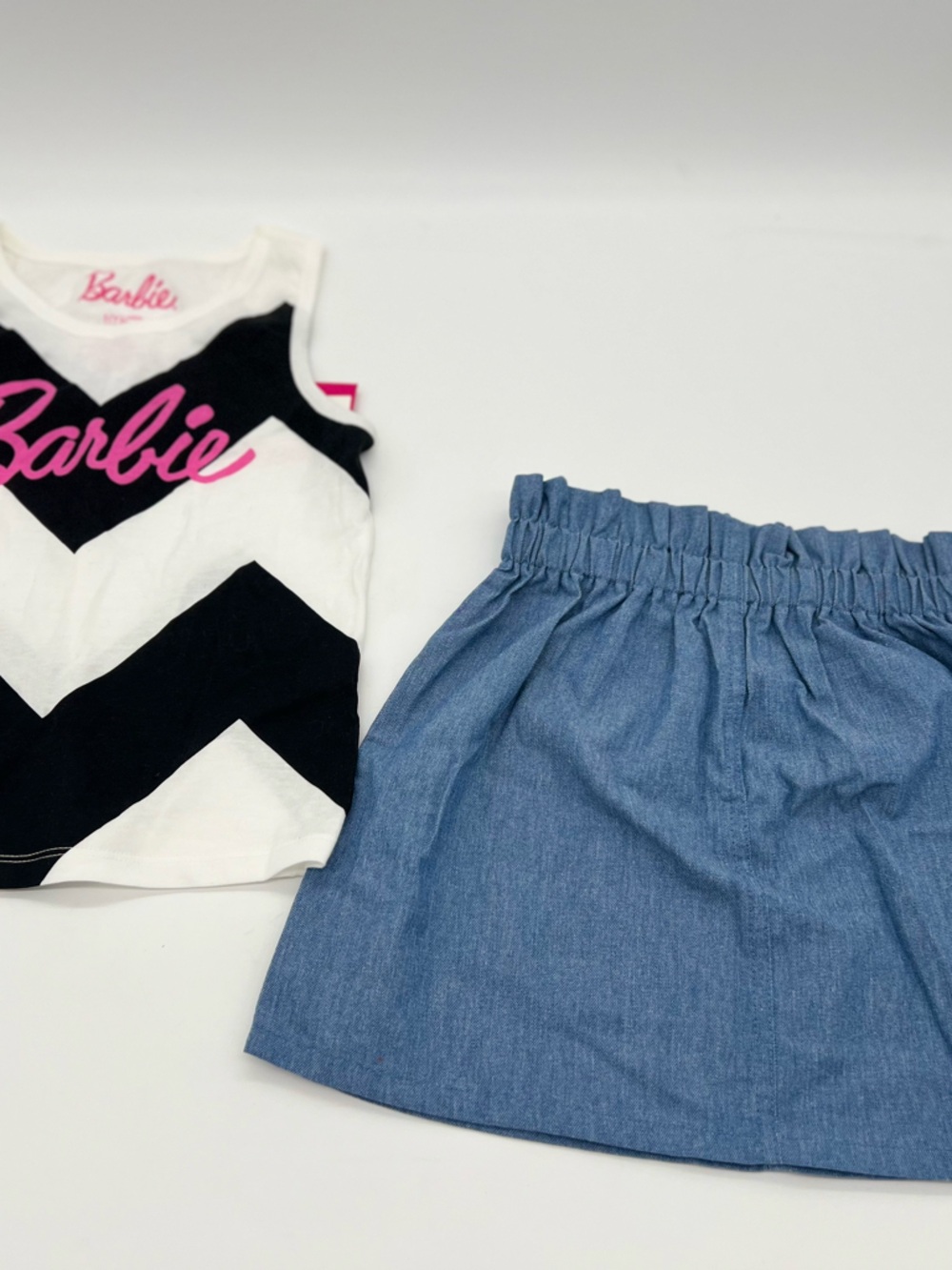 Barbie 2 Piece Set Denim Skirt Blue And White Black Shirt Sz S
